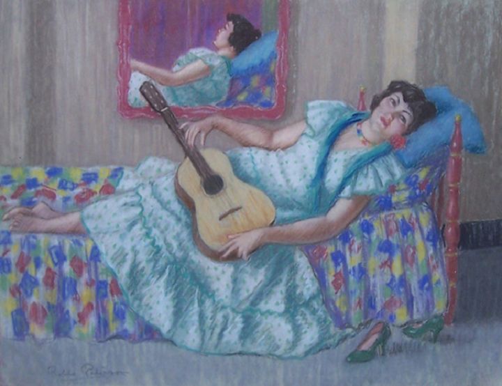 María Rodríguez con guitarra. Composición andaluza. Los Ramos, Puerto de la Torre. Málaga. Pastel. Año 1955